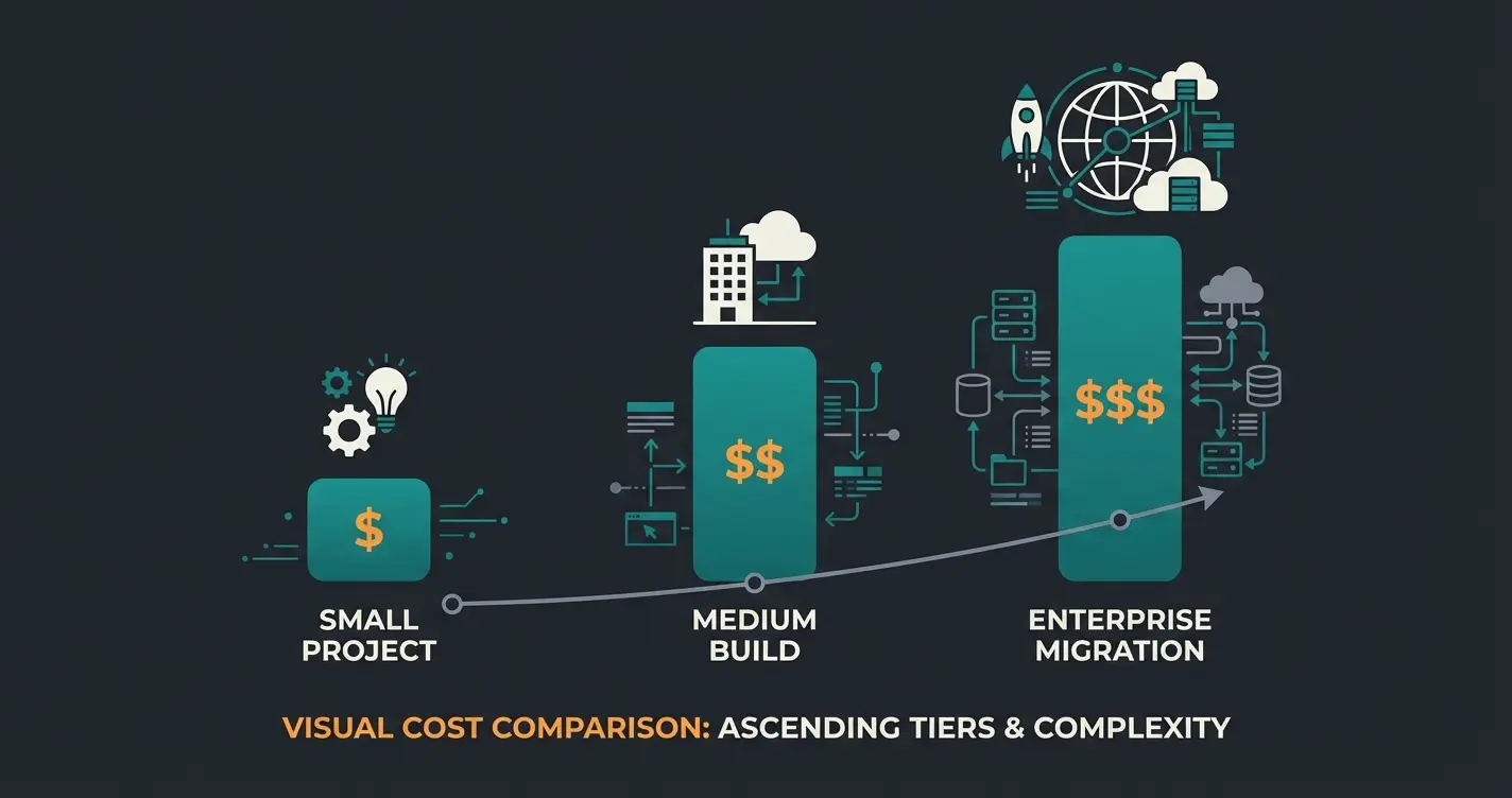Shopify developer cost comparison showing price ranges from theme customization to enterprise migration