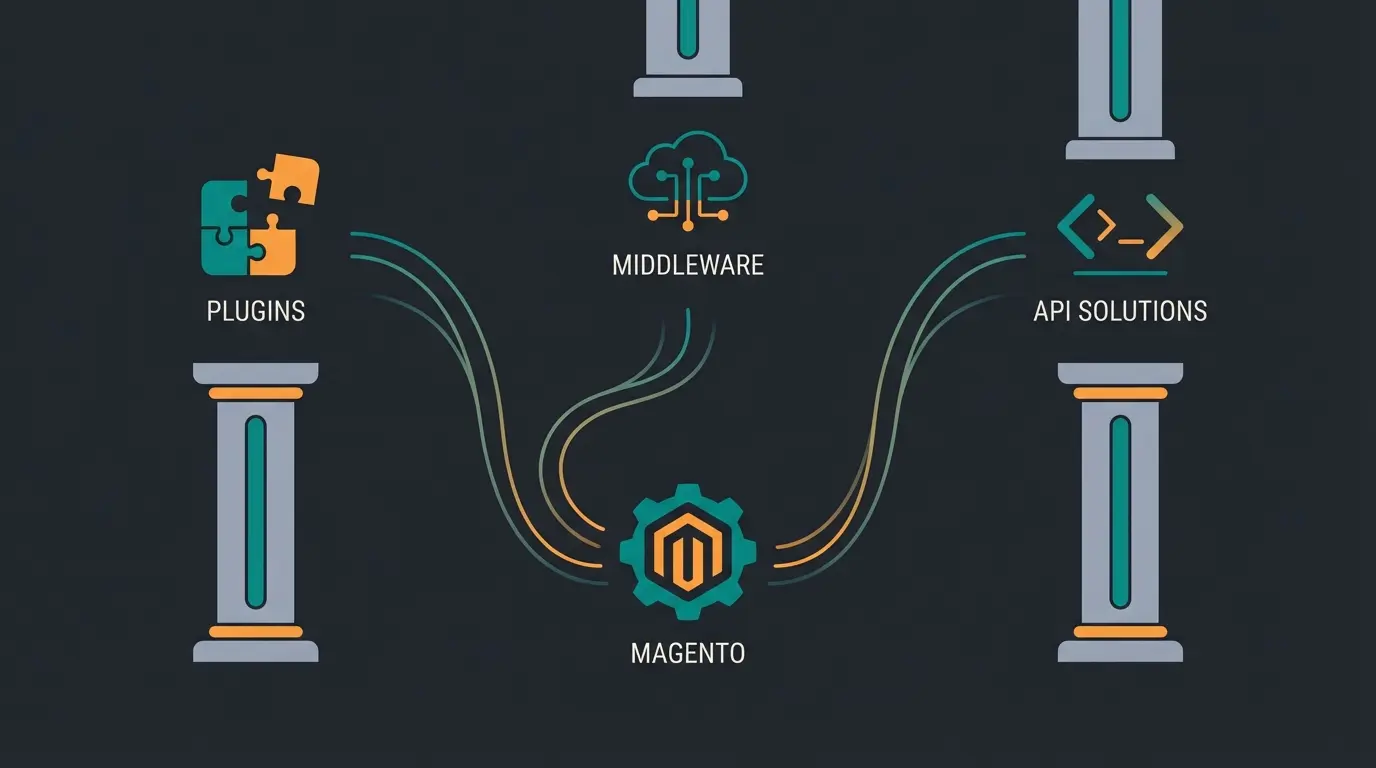 Three integration methods for Magento Amazon connection showing plugins, middleware, and custom API approaches