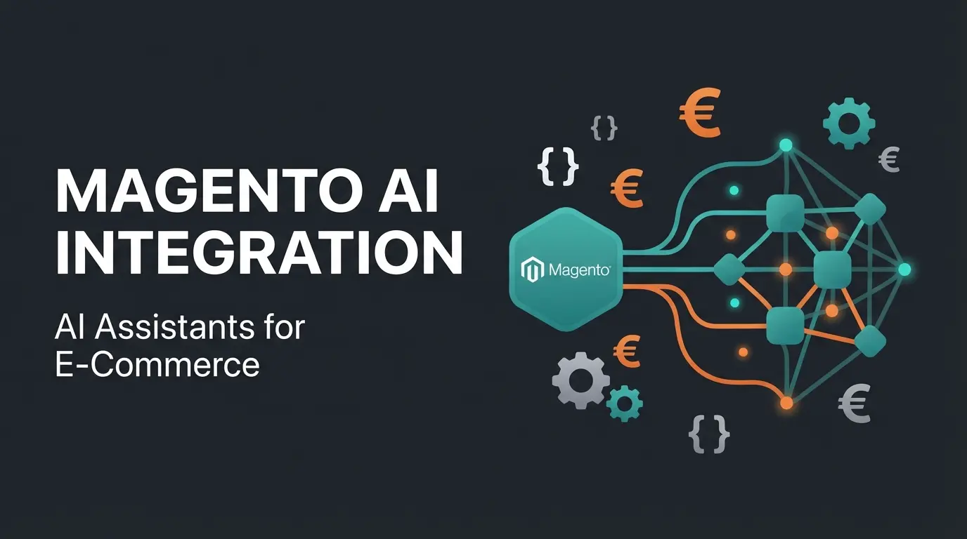 Magento developer workspace with AI integration icons and cost comparison charts on dark background