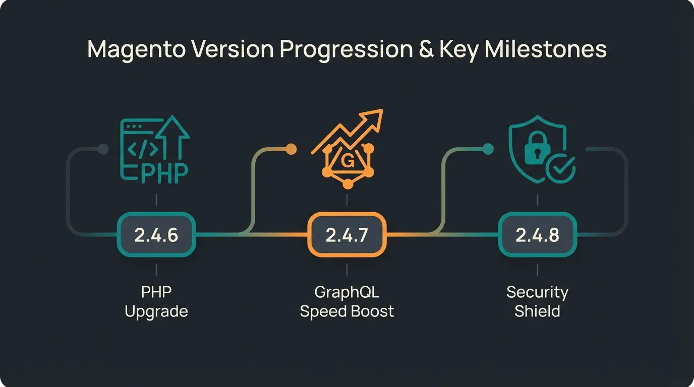 Magento version timeline showing evolution from 2.4 to 2.4.8 with key improvements