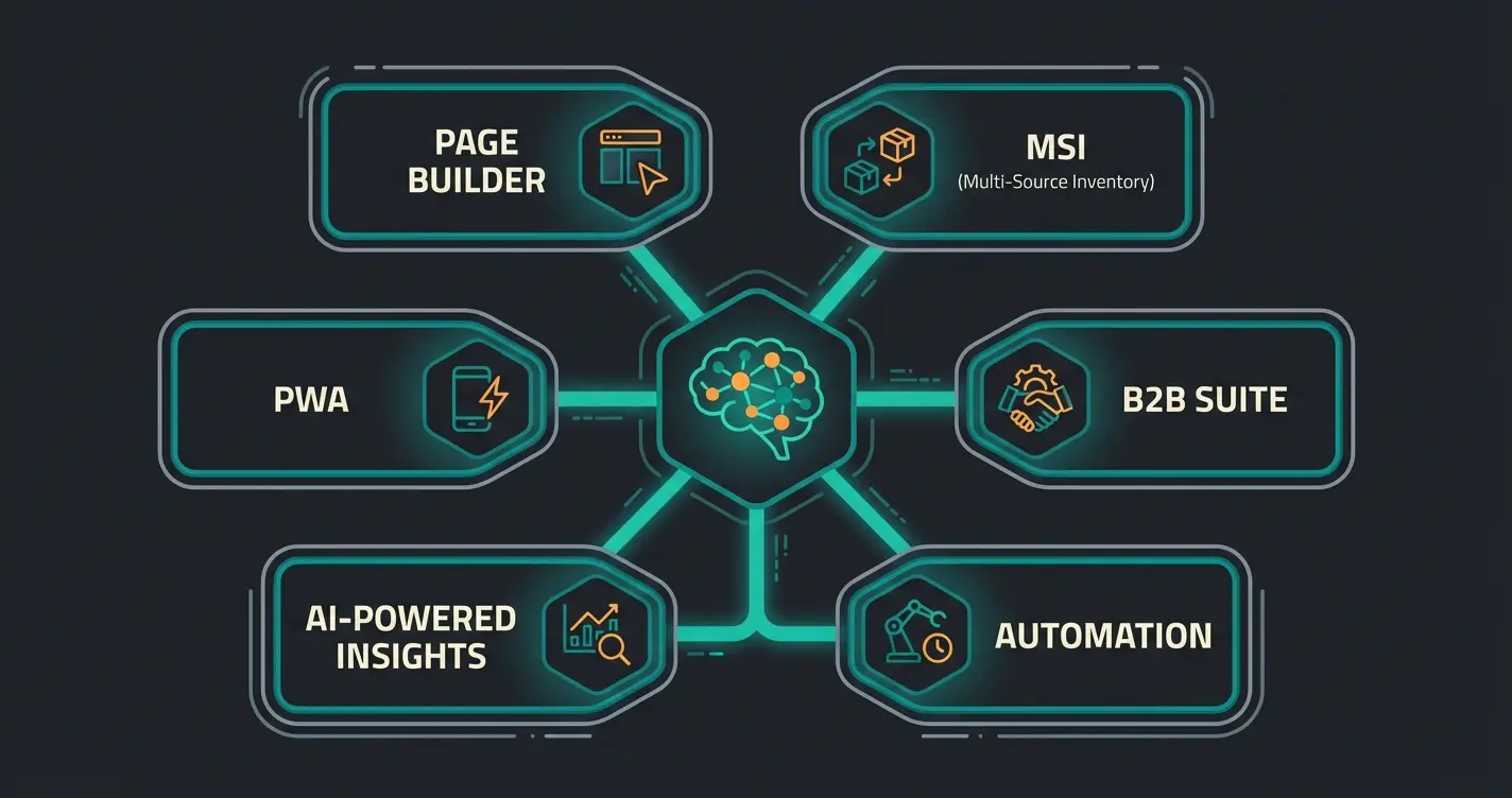 Magento 2 Features Übersicht mit AI-Integration und Core-Funktionen