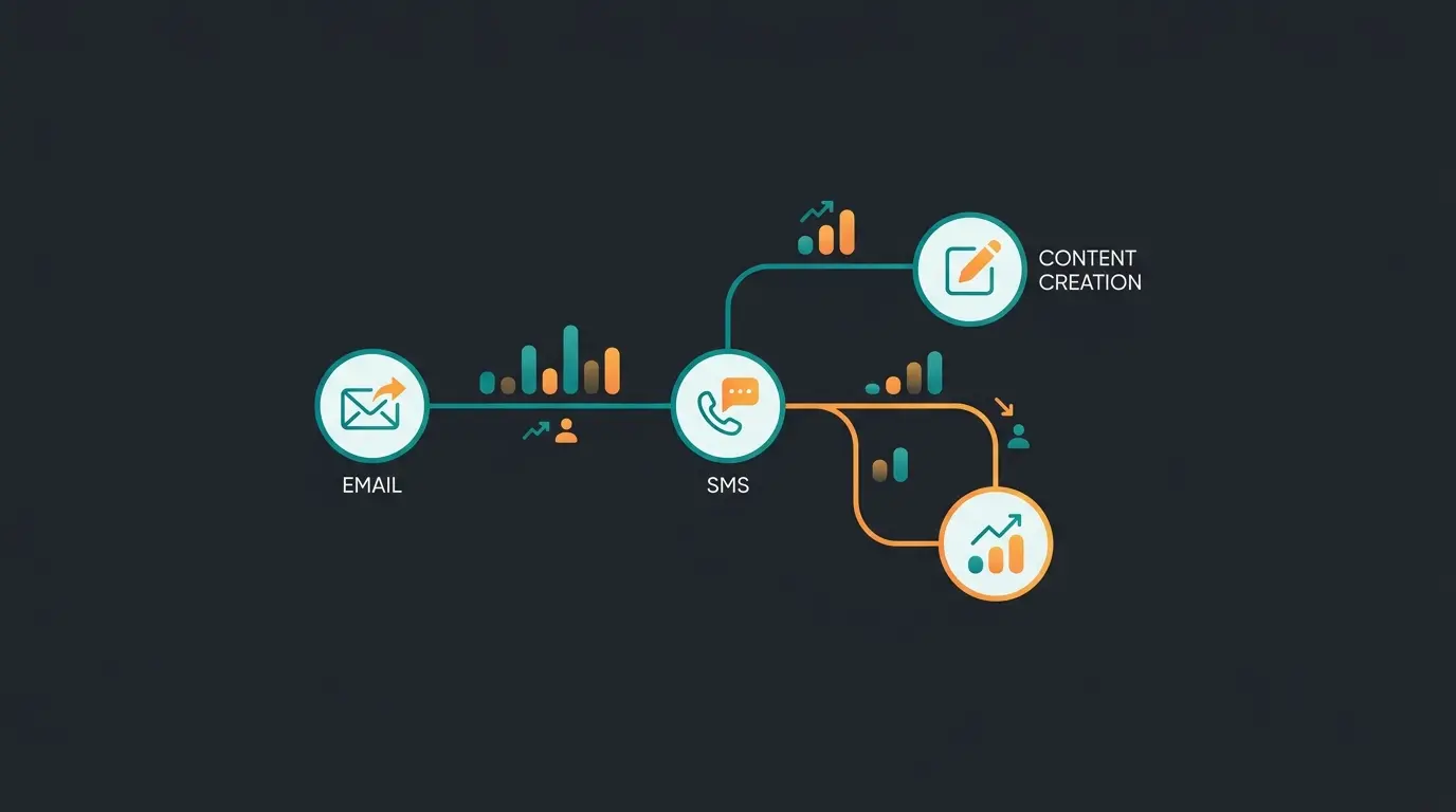 AI marketing tools workflow for Shopify stores showing email, SMS, and content automation