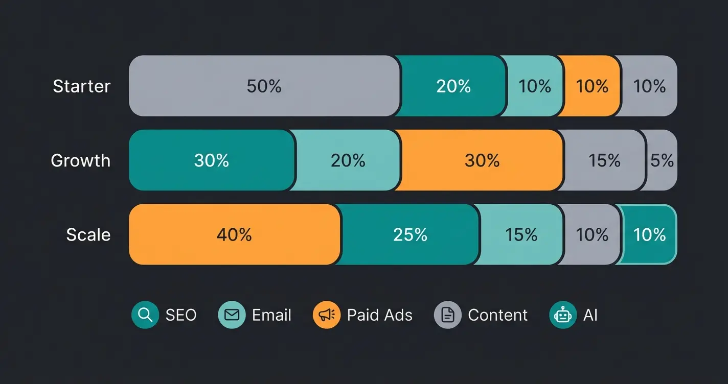 Shopify marketing budget allocation framework across three growth stages: starter, growth, and scale