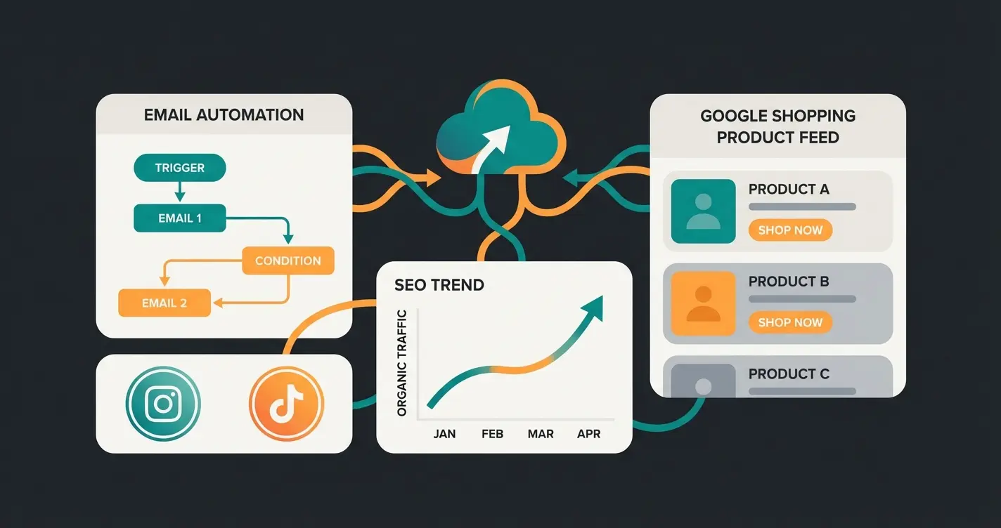 Shopware marketing plugin dashboard showing email automation, social commerce channels, and SEO analytics