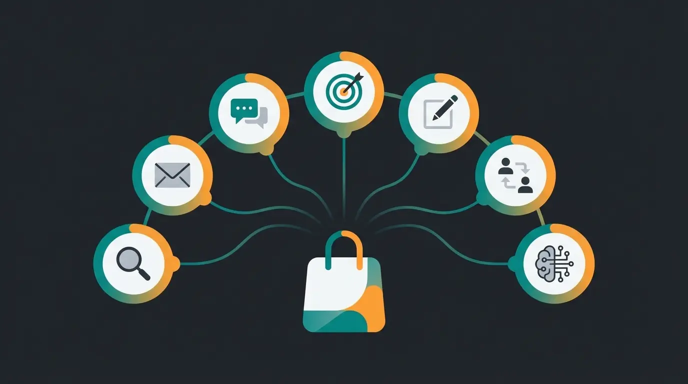 Sieben Shopify Marketing-Kanäle als verbundenes Ökosystem dargestellt: SEO, E-Mail, Social Commerce, Google Ads, Content, Referral und KI-Automation