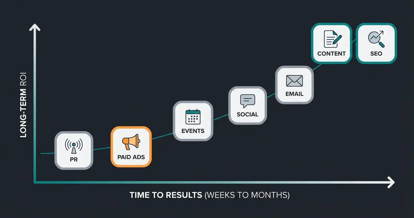Comparison of seven Shopify marketing channels by time to results and long-term ROI potential