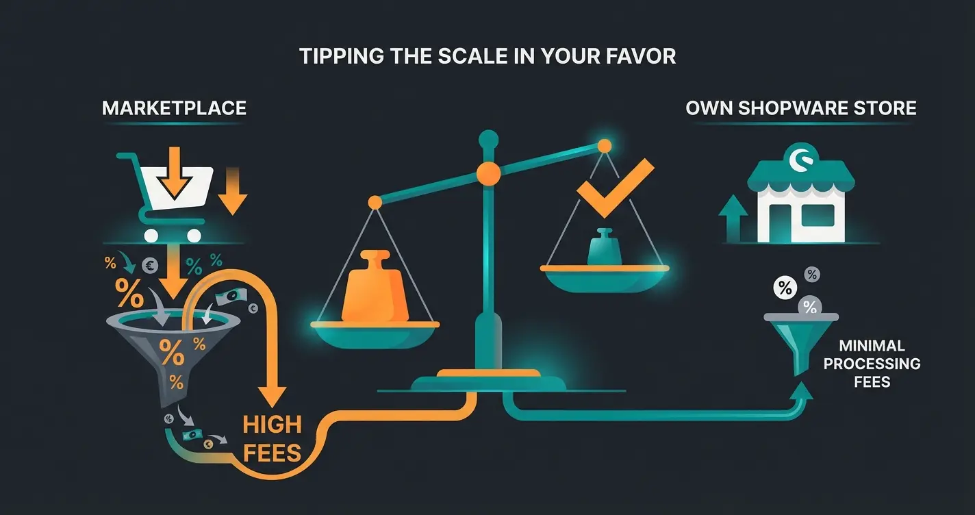 Cost comparison between marketplace fees and own Shopware store transaction costs showing significant savings