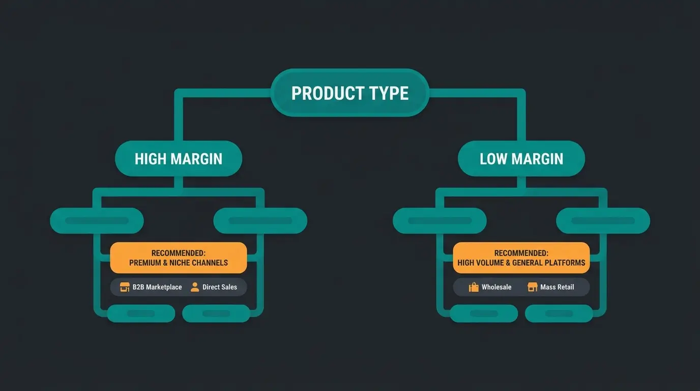 Marketplace channel selection decision tree for Shopware merchants based on product type and margin structure