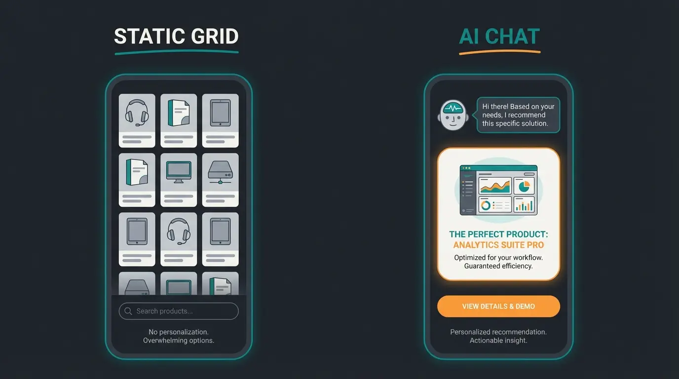 Mobile interface showing AI chat recommendations vs static grid
