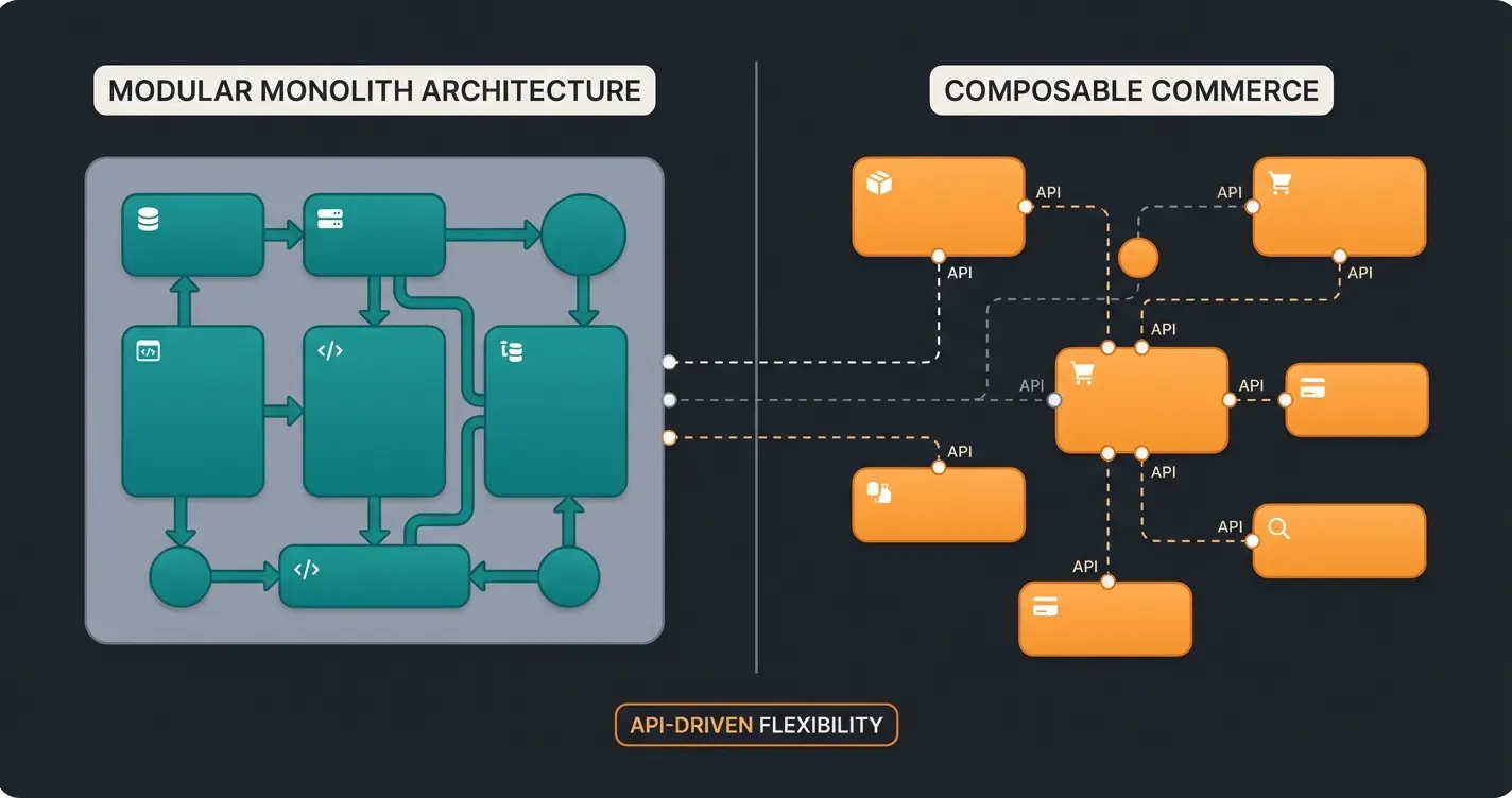 Architecture comparison between Shopware modular monolith and Spryker composable commerce