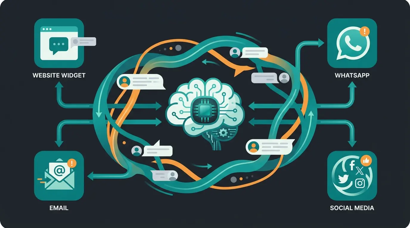 Omnichannel chatbot integration showing unified AI backend connecting website, WhatsApp, email, and social channels