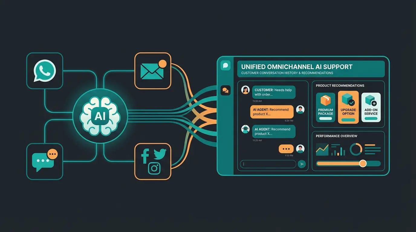 Illustration showing omnichannel support strategy with WhatsApp, email, and chat converging into a unified AI-powered consultation experience