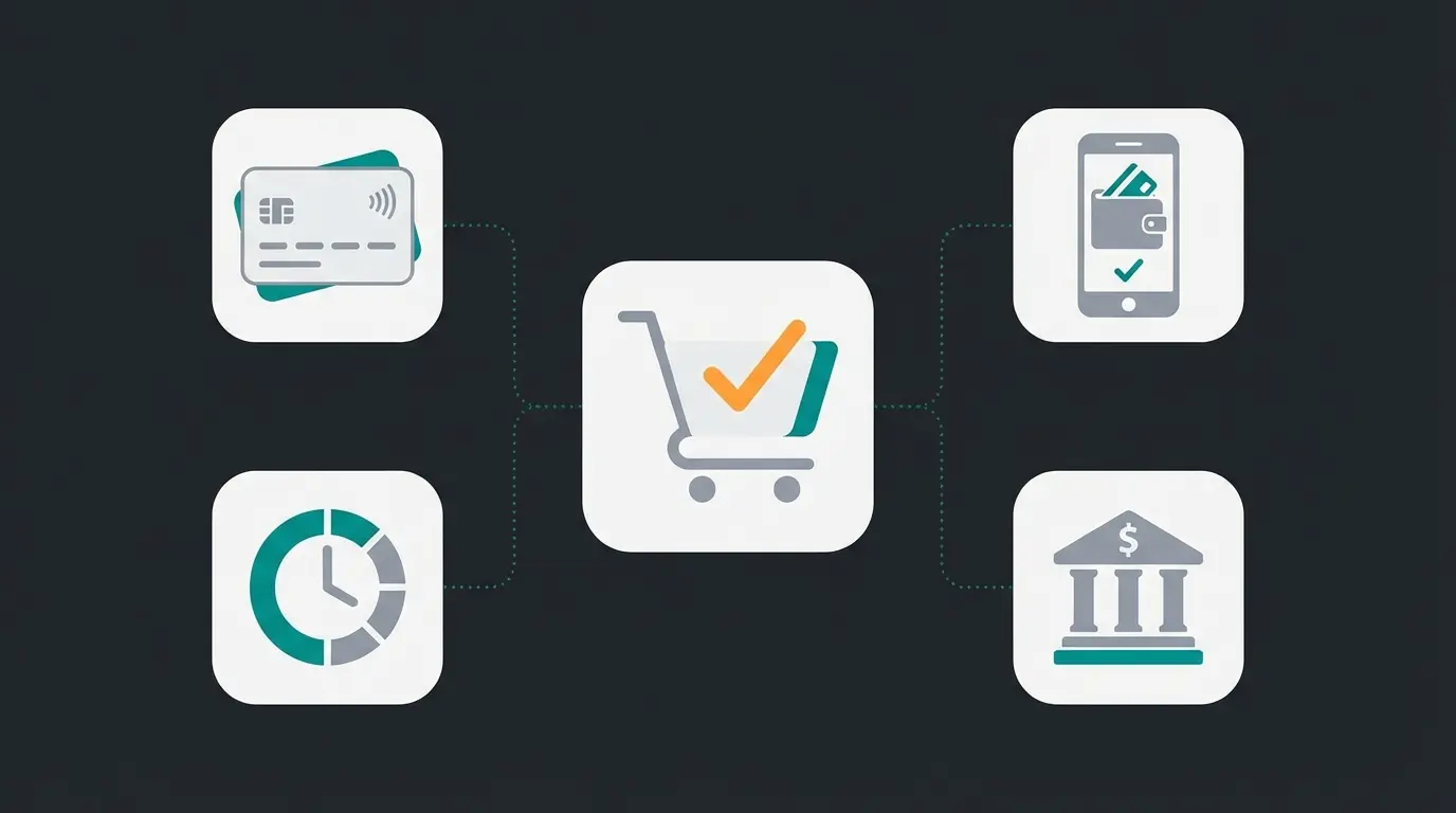 Four Shopify payment method categories: native payments, third-party gateways, BNPL, and manual payments connected to checkout