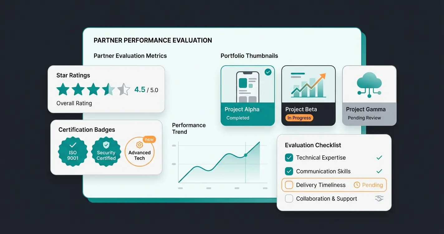 Shopify Partner evaluation dashboard with ratings, certifications, and portfolio metrics