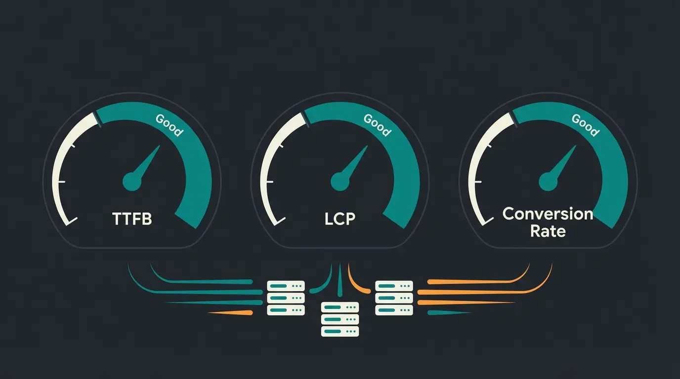 Performance-Dashboard mit den drei wichtigsten Hosting-Metriken: TTFB, LCP und Conversion Rate
