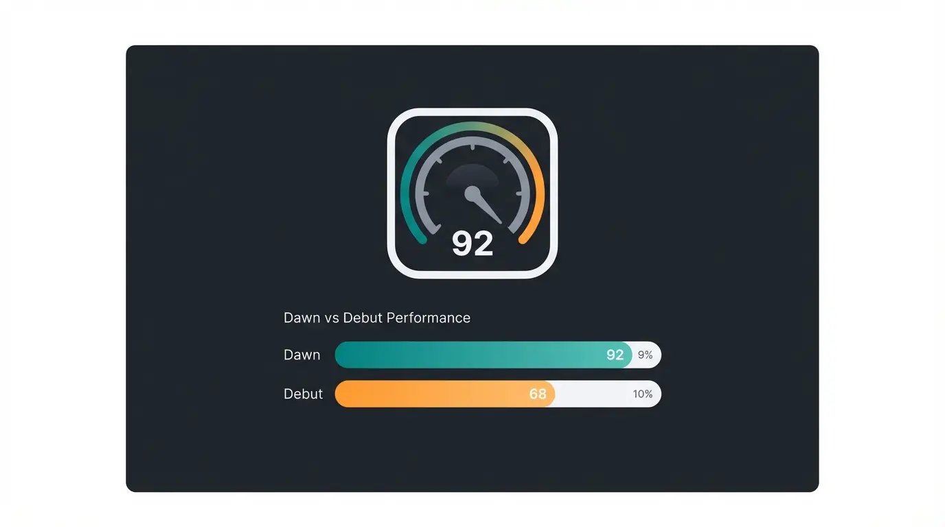 Shopify Dawn theme performance benchmark showing 92 PageSpeed score and 35 percent faster loading than Debut