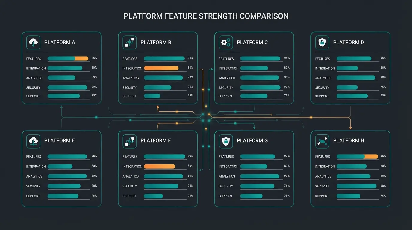 Visual comparison of eight B2B ecommerce platforms across key evaluation criteria