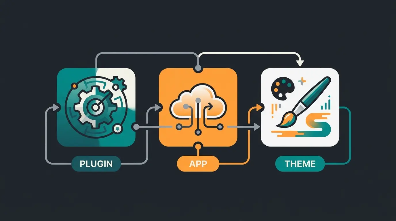 Vergleich der drei Shopware Erweiterungstypen: Plugin, App und Theme-Erweiterung als modulare Bausteine