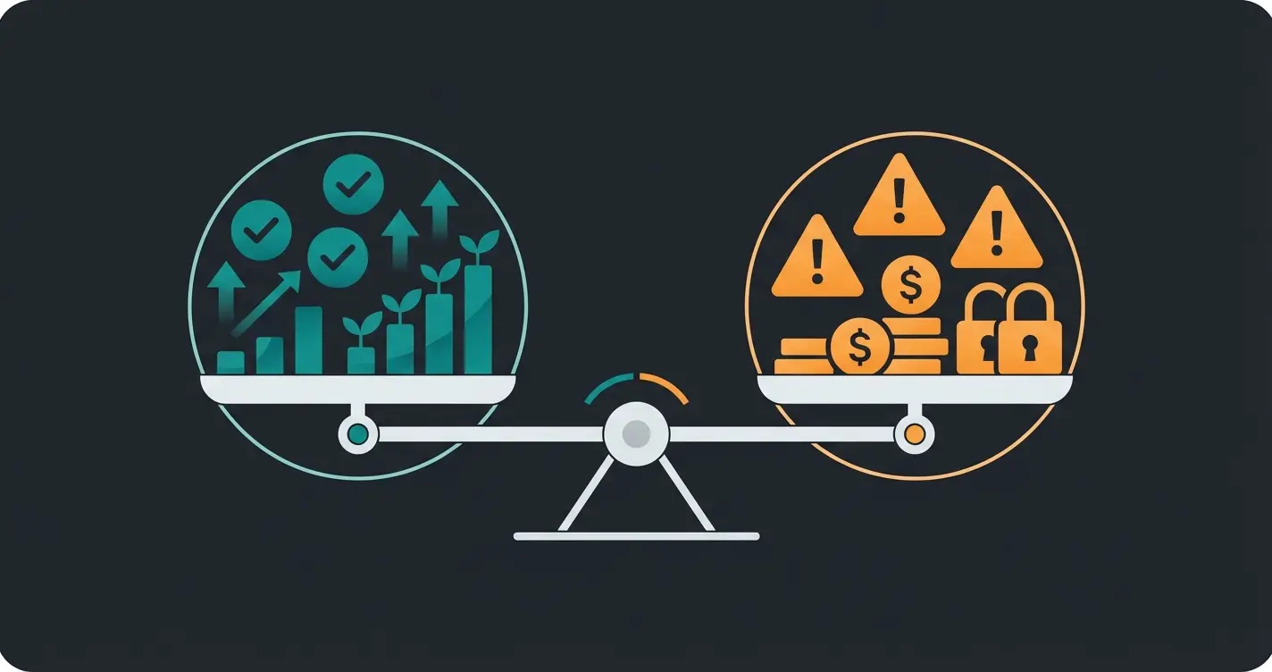 Shopify pros and cons visualized as a balanced scale weighing platform strengths against trade-offs