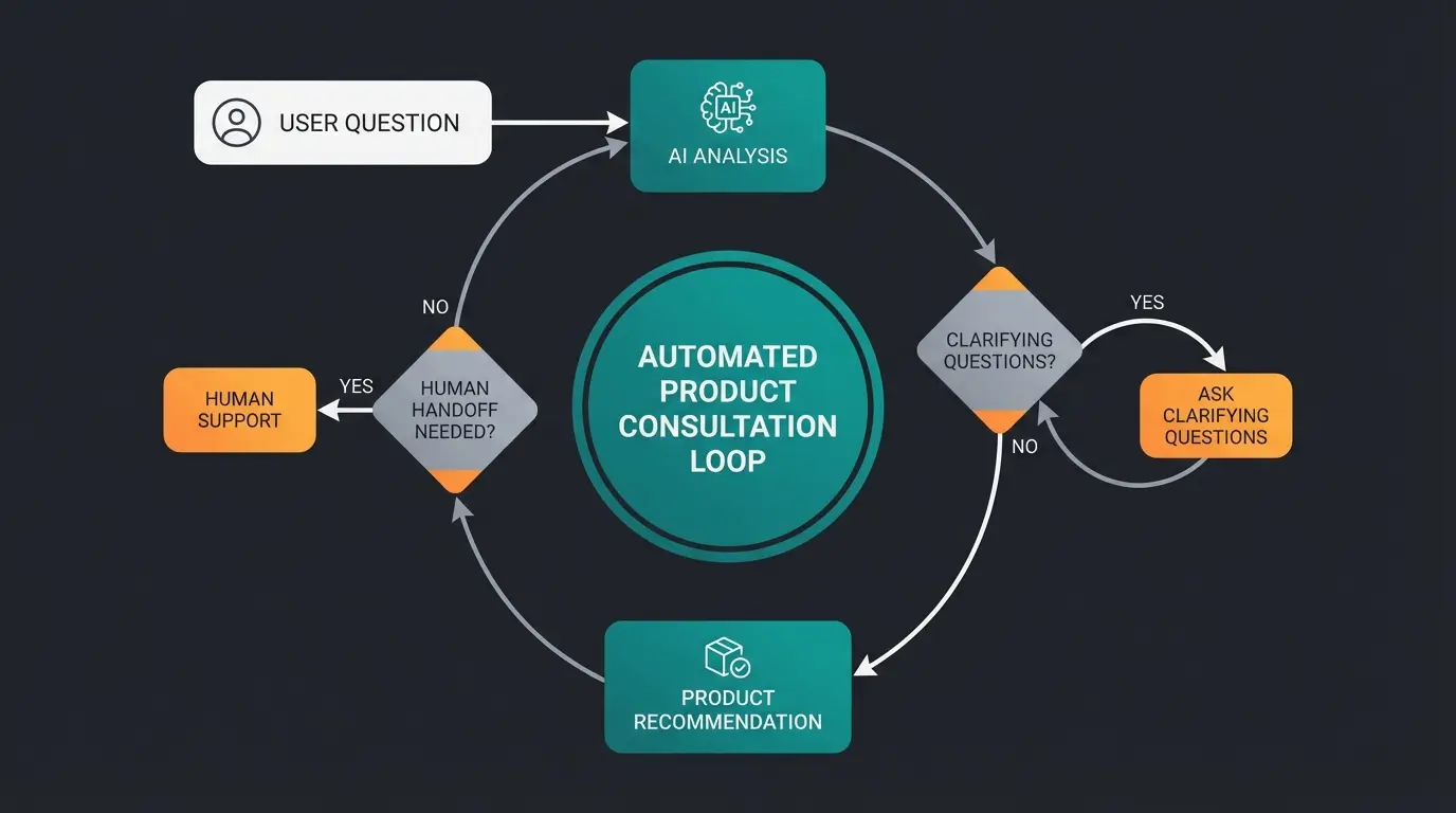 Diagramm einer automatisierten Produktberatung durch KI-Workflows