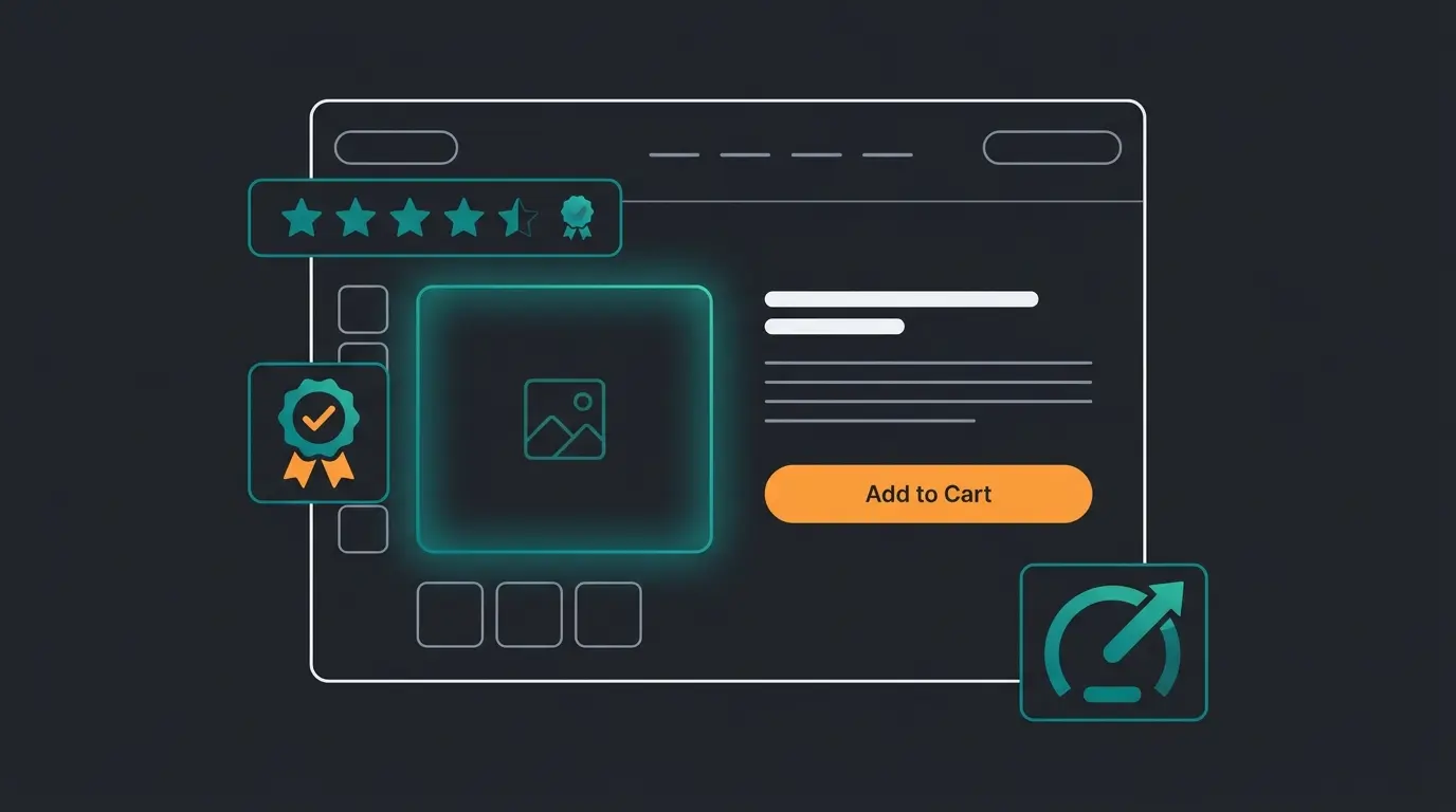 Product page optimization wireframe highlighting conversion-critical elements like reviews, trust badges, and mobile speed