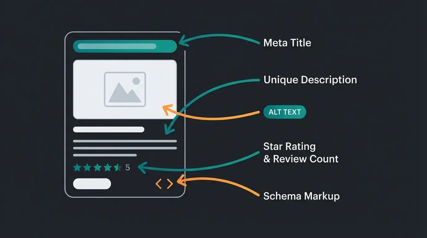 Shopware product page SEO optimization elements: meta tags, unique descriptions, image alt text, reviews, and schema markup
