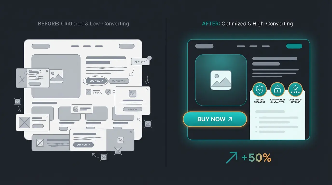 Before and after comparison of conversion-optimized Shopify product page design showing trust badges and clear CTA placement