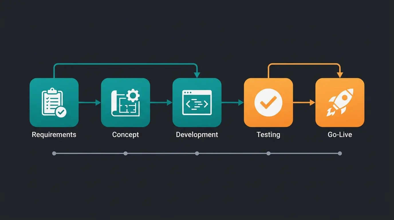 Fünf Phasen eines Shopware-Programmierprojekts: Anforderungsanalyse, Konzeption, Entwicklung, Testing, Go-Live