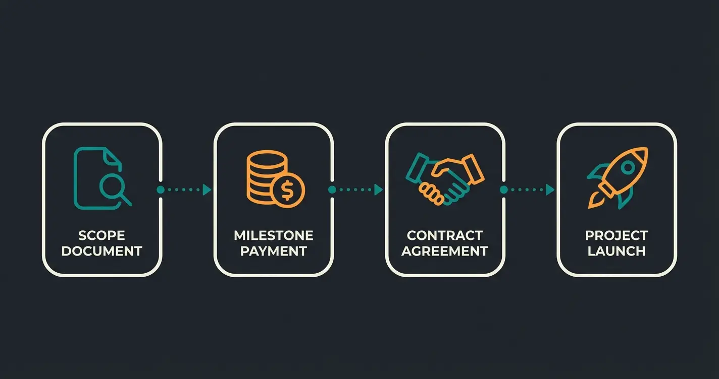 Process flow illustration showing the four phases of structuring a Shopify developer engagement from scoping to launch