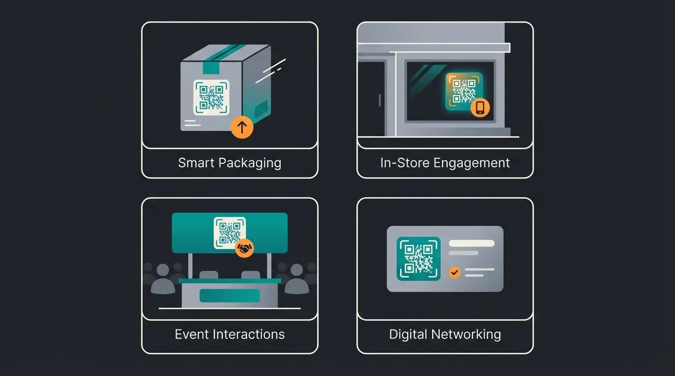 Vier Einsatzbereiche für WhatsApp QR-Codes: Verpackung, Schaufenster, Messe und Visitenkarte