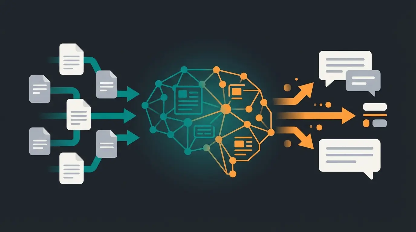 RAG principle visualization showing Help Center as AI brain training data