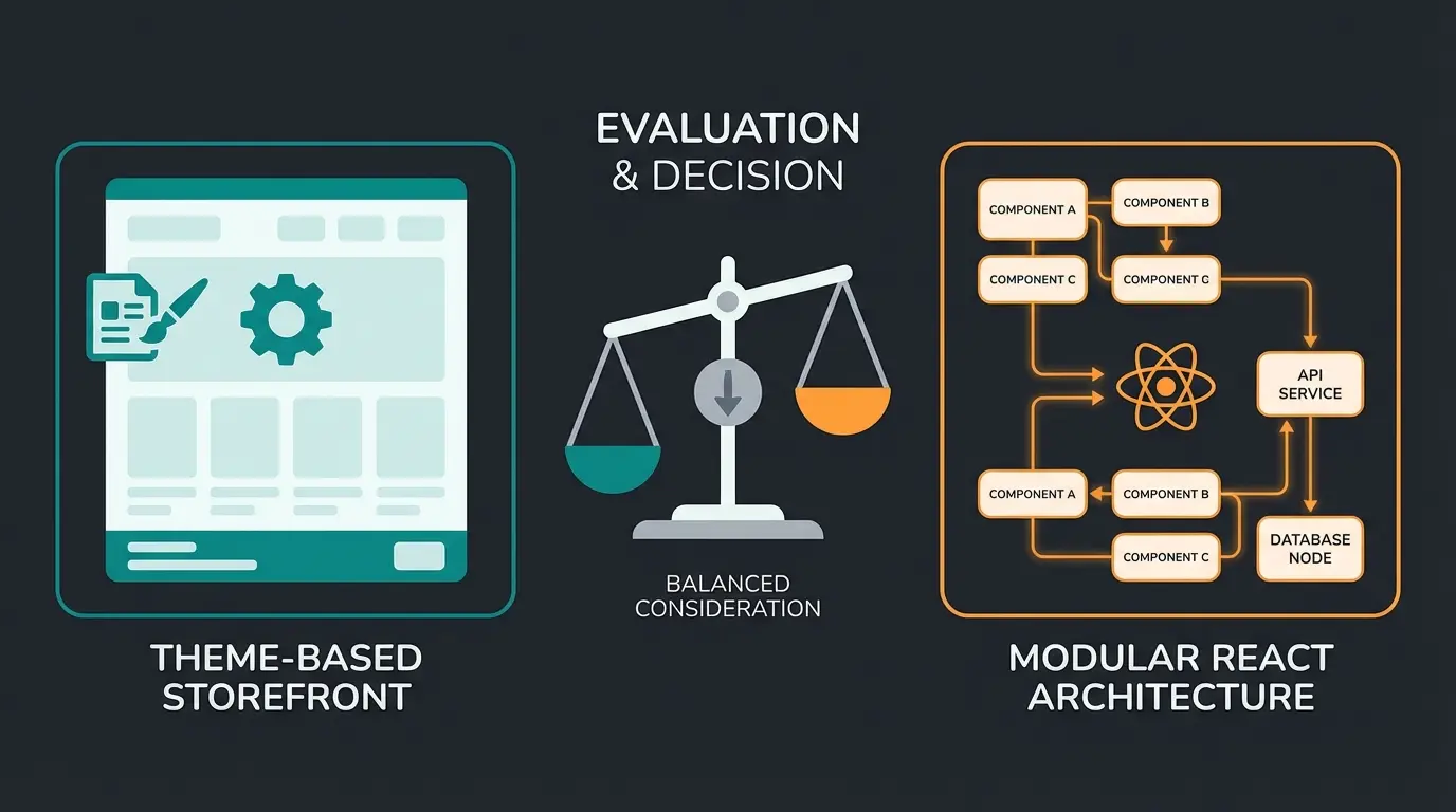 Comparison between Shopify Liquid themes and Shopify Hydrogen headless architecture showing different approaches to storefront development
