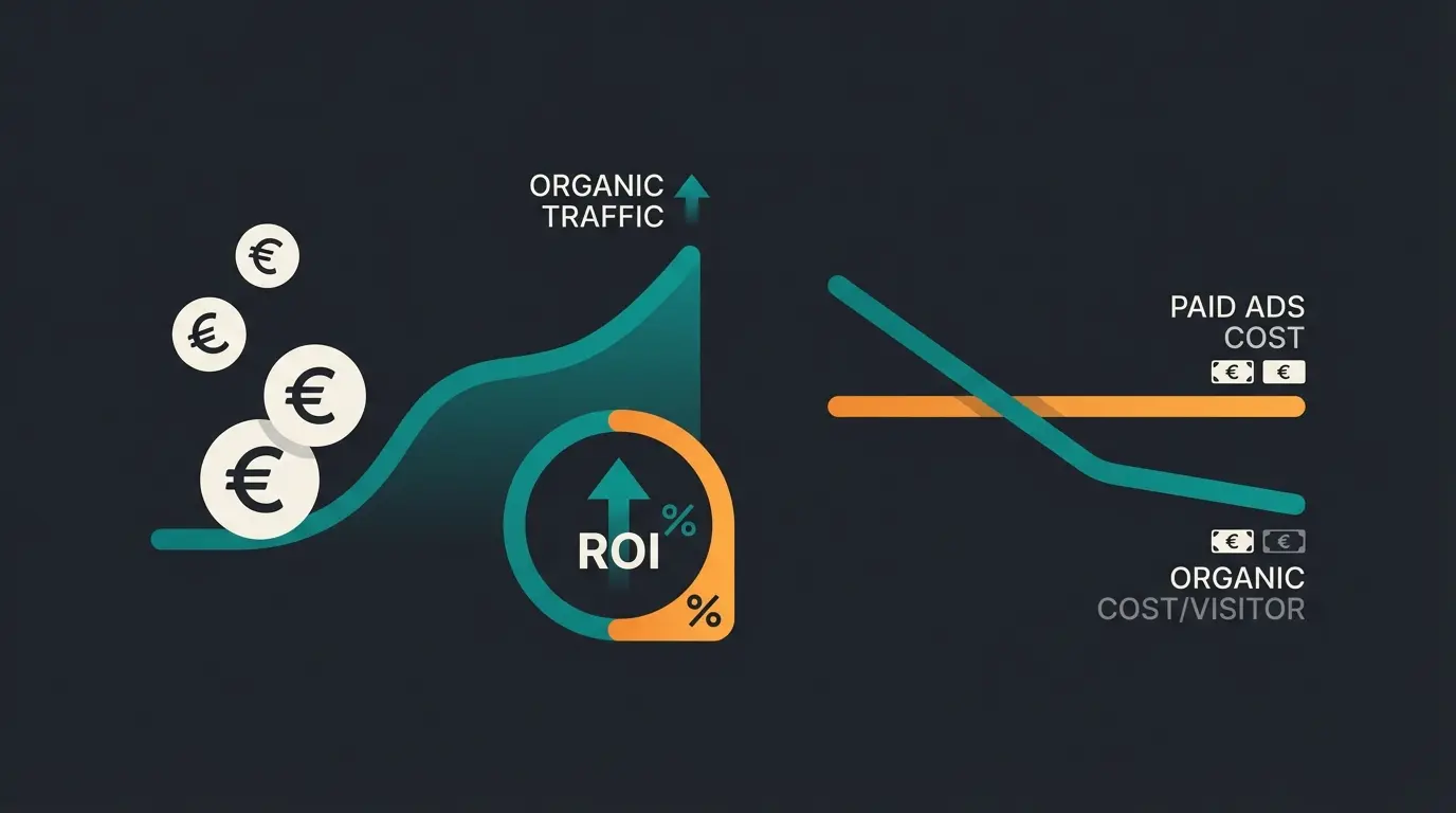 Kosten-Nutzen-Verhaeltnis einer Shopify SEO Agentur: ROI-Visualisierung mit sinkenden Kosten pro Besucher ueber Zeit