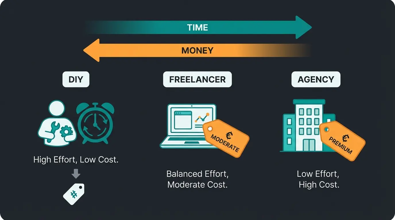 Comparison of DIY freelancer and agency WooCommerce setup options with cost and time requirements