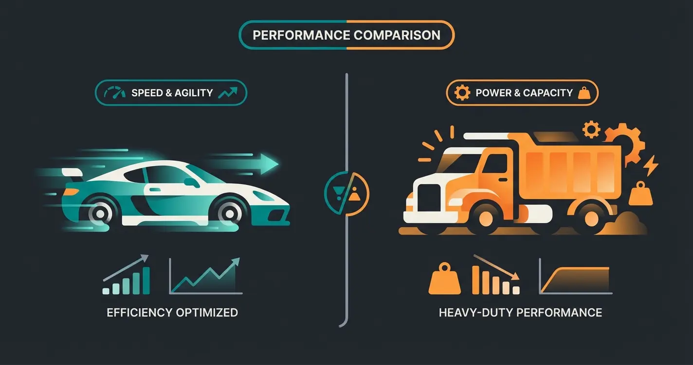 Visualisierung der Motor-Metapher: WooCommerce als agiler Sportwagen vs Magento als Schwerlast-LKW