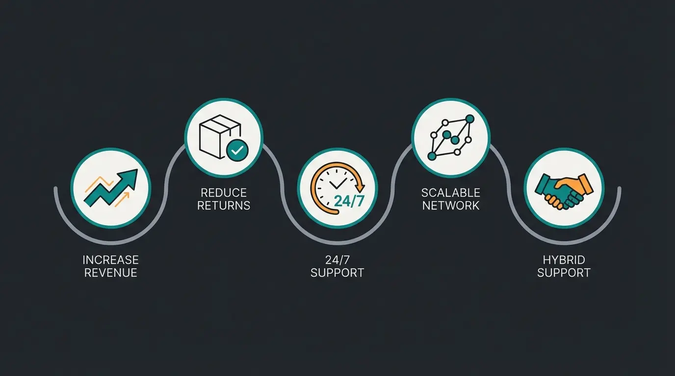 Infographic showing five key benefits of AI chatbots including revenue growth, return reduction, and 24/7 availability