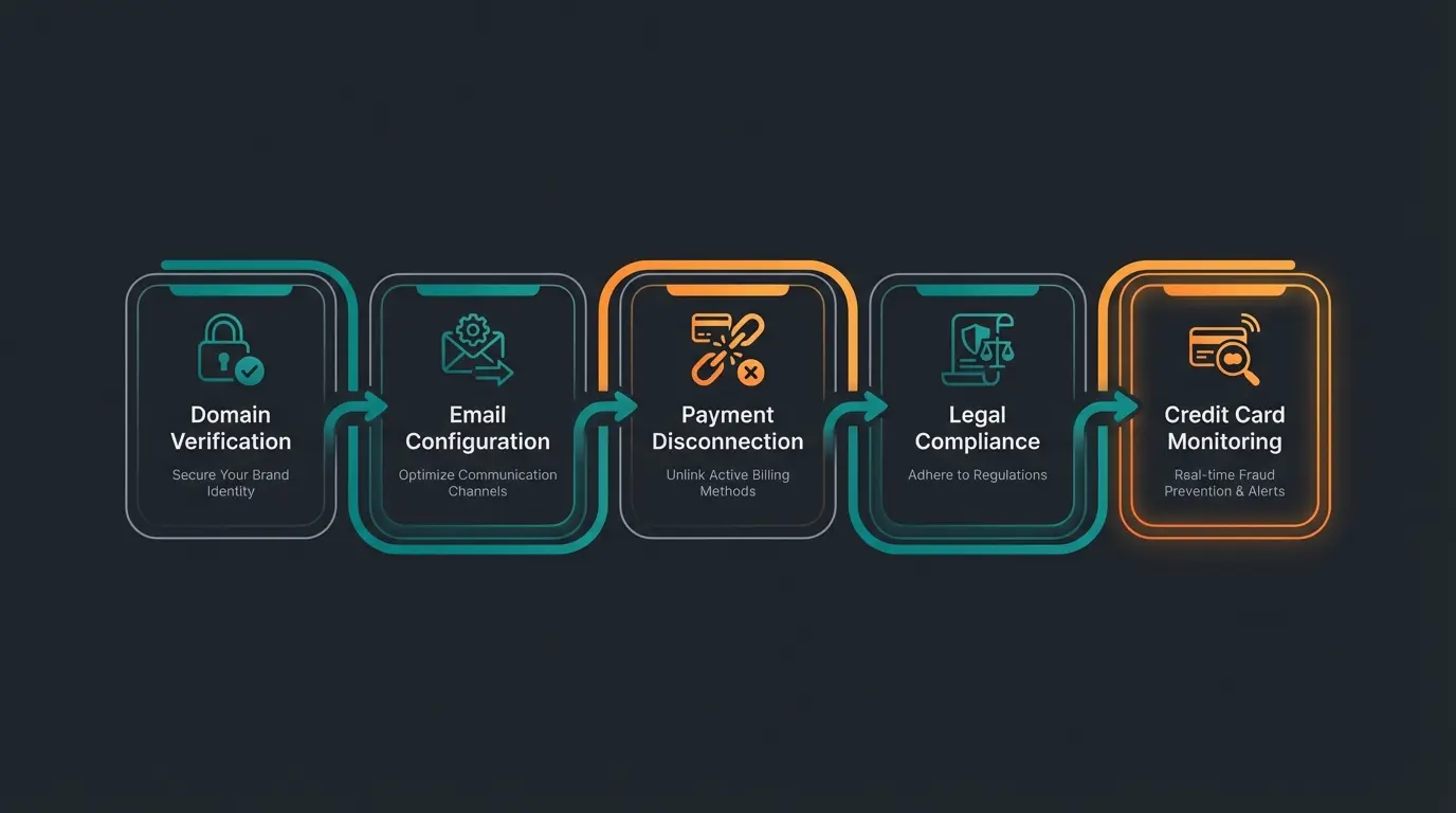 Post-cancellation verification checklist with icons for domain, email, payments, and security