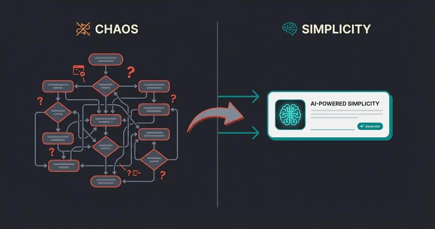 Vergleich zwischen komplexem Entscheidungsbaum und einfachem KI-Prompt