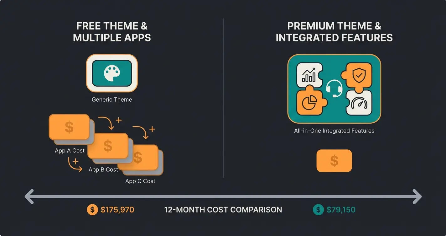 Free versus paid Shopify themes comparison showing cost benefit analysis over time