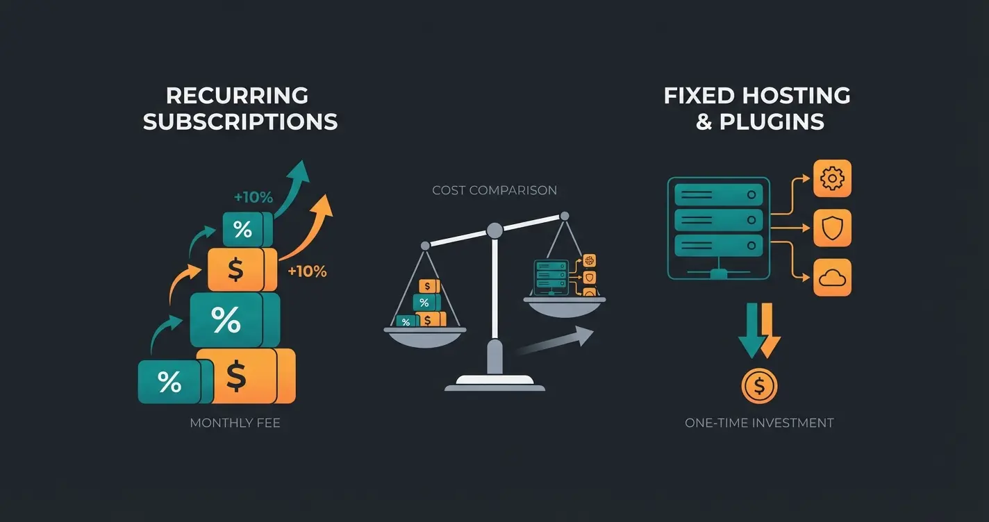 Visual comparison of Shopify subscription model versus WooCommerce open source cost structure