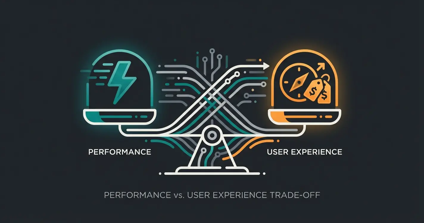 The Speed vs. Guidance paradox illustrated with fast loading icons balanced against product discovery elements