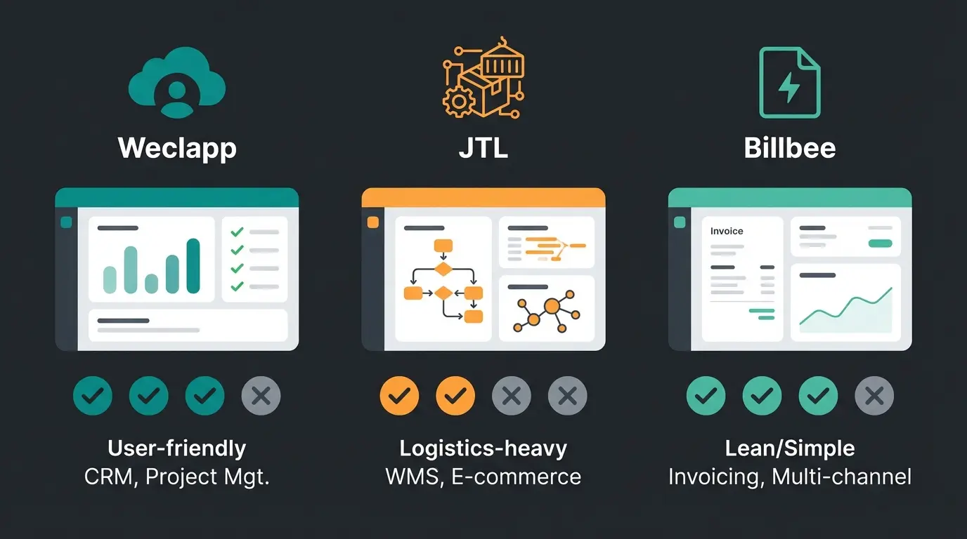 Comparison of classic ERP alternatives showing Weclapp JTL and Billbee features