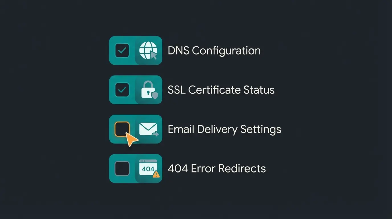 Checkliste fuer haeufige Shopify-Domain-Probleme: DNS, SSL, E-Mail und 404-Fehler
