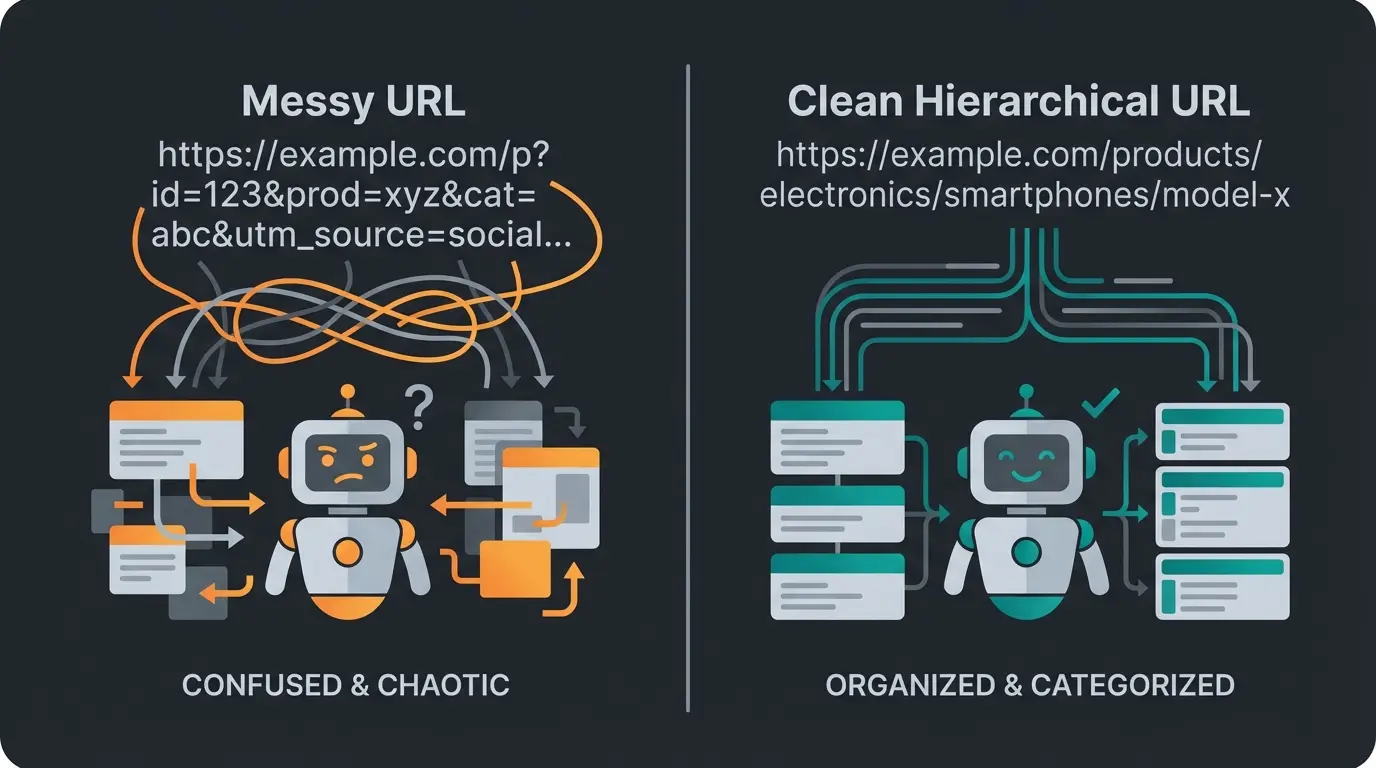 Comparison of bad versus good URL structure for AI interpretation