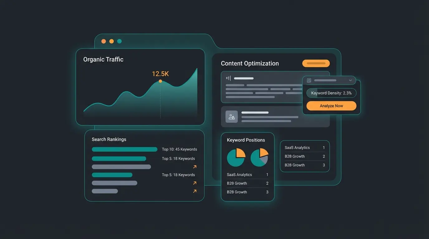 E-commerce SEO and marketing dashboard showing organic traffic growth and content management tools