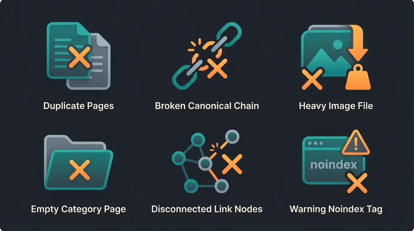 Six common Shopware SEO mistakes illustrated as warning icons including duplicate content, missing canonicals, and uncompressed images