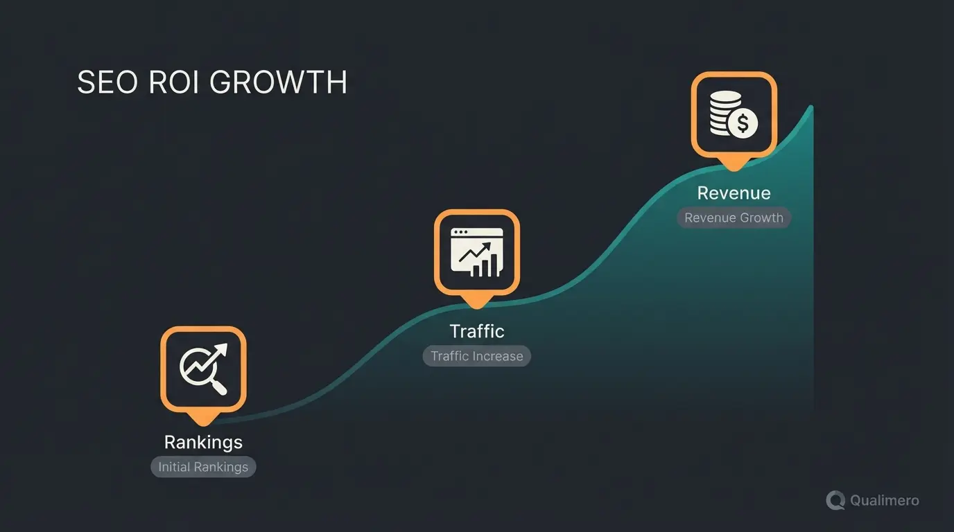 Shopware SEO ROI timeline showing typical growth milestones from month 1 to month 12