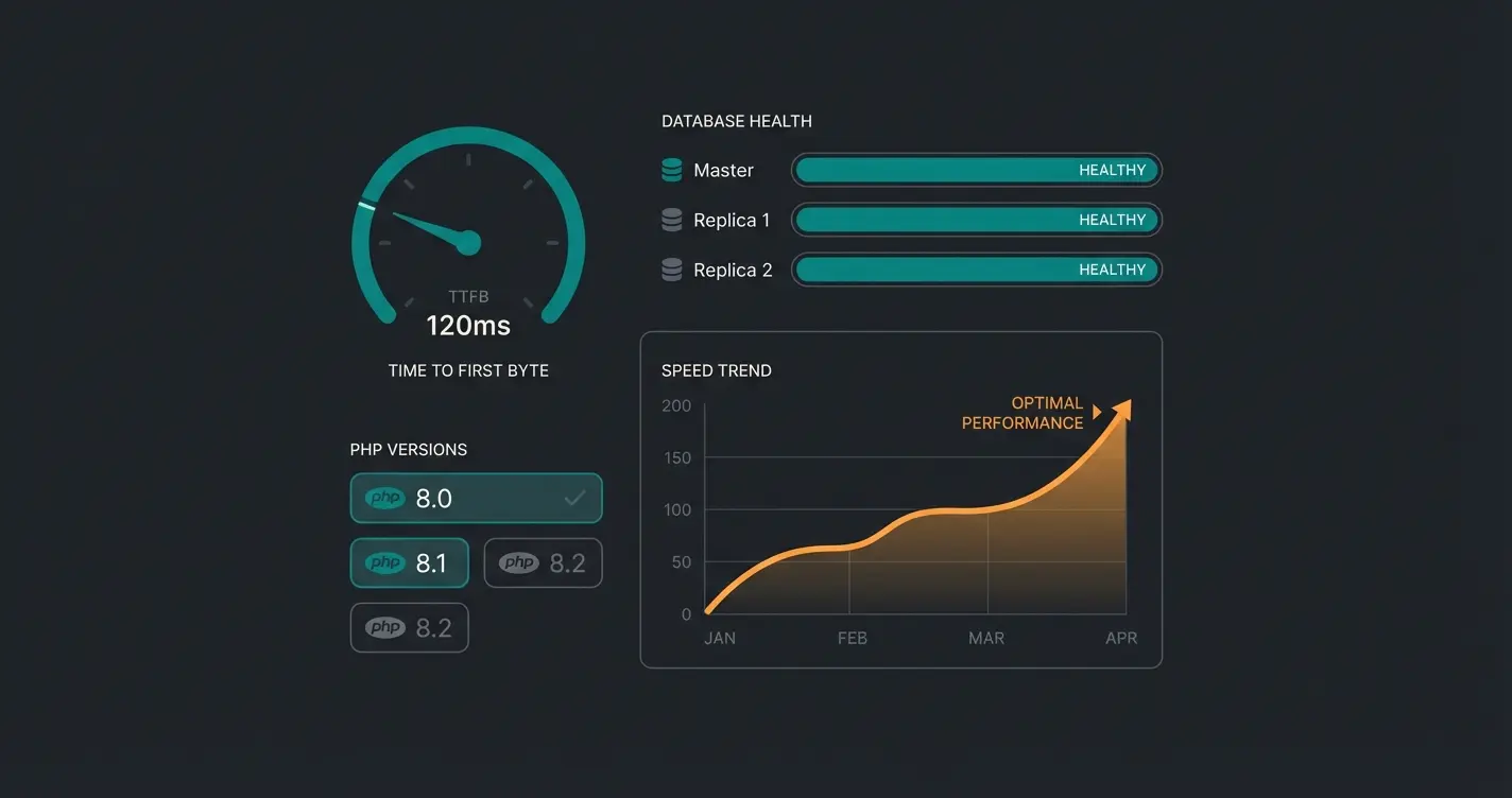 Server performance dashboard showing TTFB, PHP version, and database health metrics for Shopware hosting