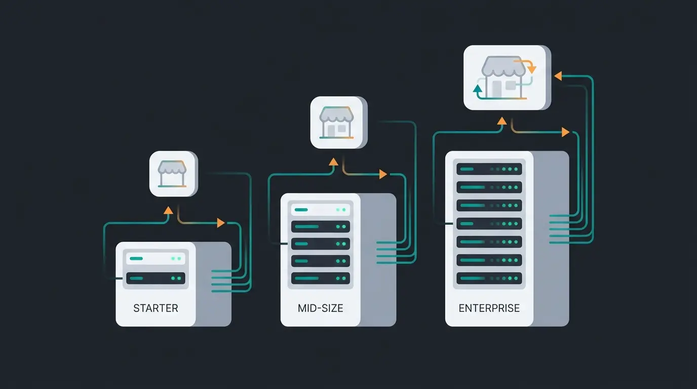 Server-Sizing für Shopware: drei Stufen von Starter bis Enterprise mit steigenden Hardware-Anforderungen
