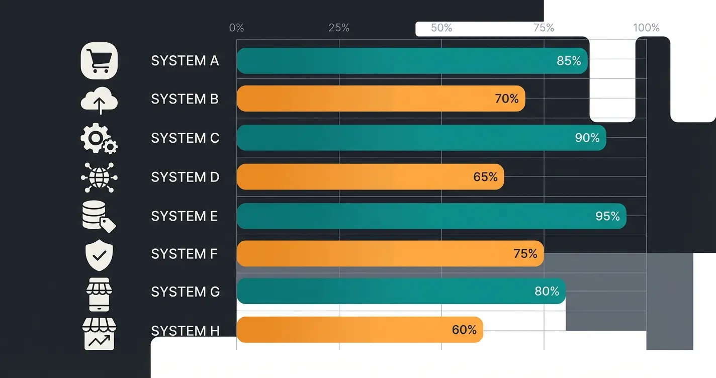 Bewertungsmatrix der acht Shopsysteme im Vergleich mit Scoring-Balken